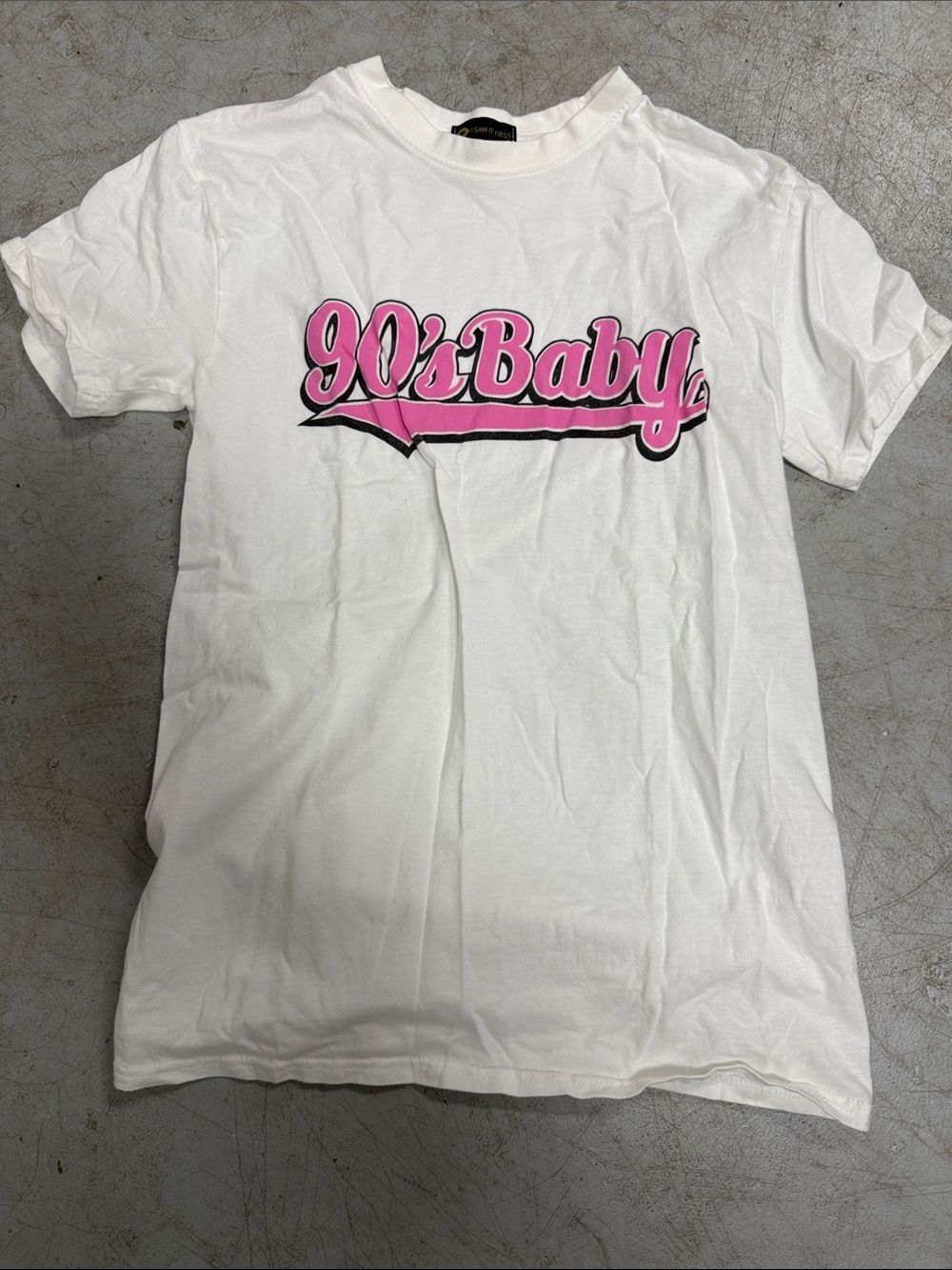White '90s Baby' Graphic Womens T-Shirt with Pink Print - Size Small - LIKE NEW